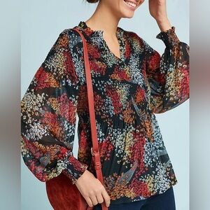 Akemi + Kin Blouse Women Medium Black Floral Smocked Peplum Balloon Sleeve